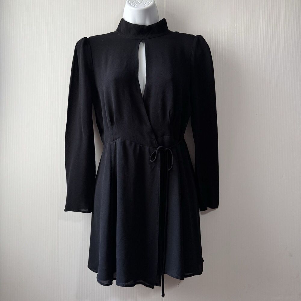 Reformation Ottessa Keyhole Mock Neck Georgette Black Wrap Mini Dress Women XL